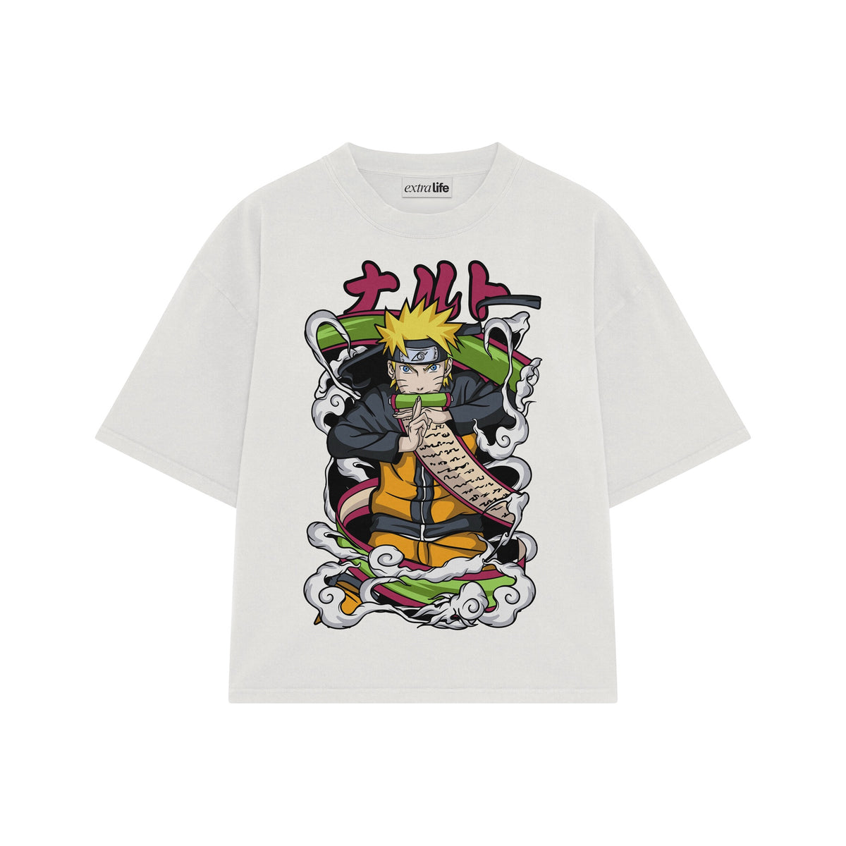 Playera streetwear premium de anime y gaming ExtraLife MX, corte oversized drop shoulder ligero y fresco en color Deep Black y Off-White, moda urbana mexicana de culto.
