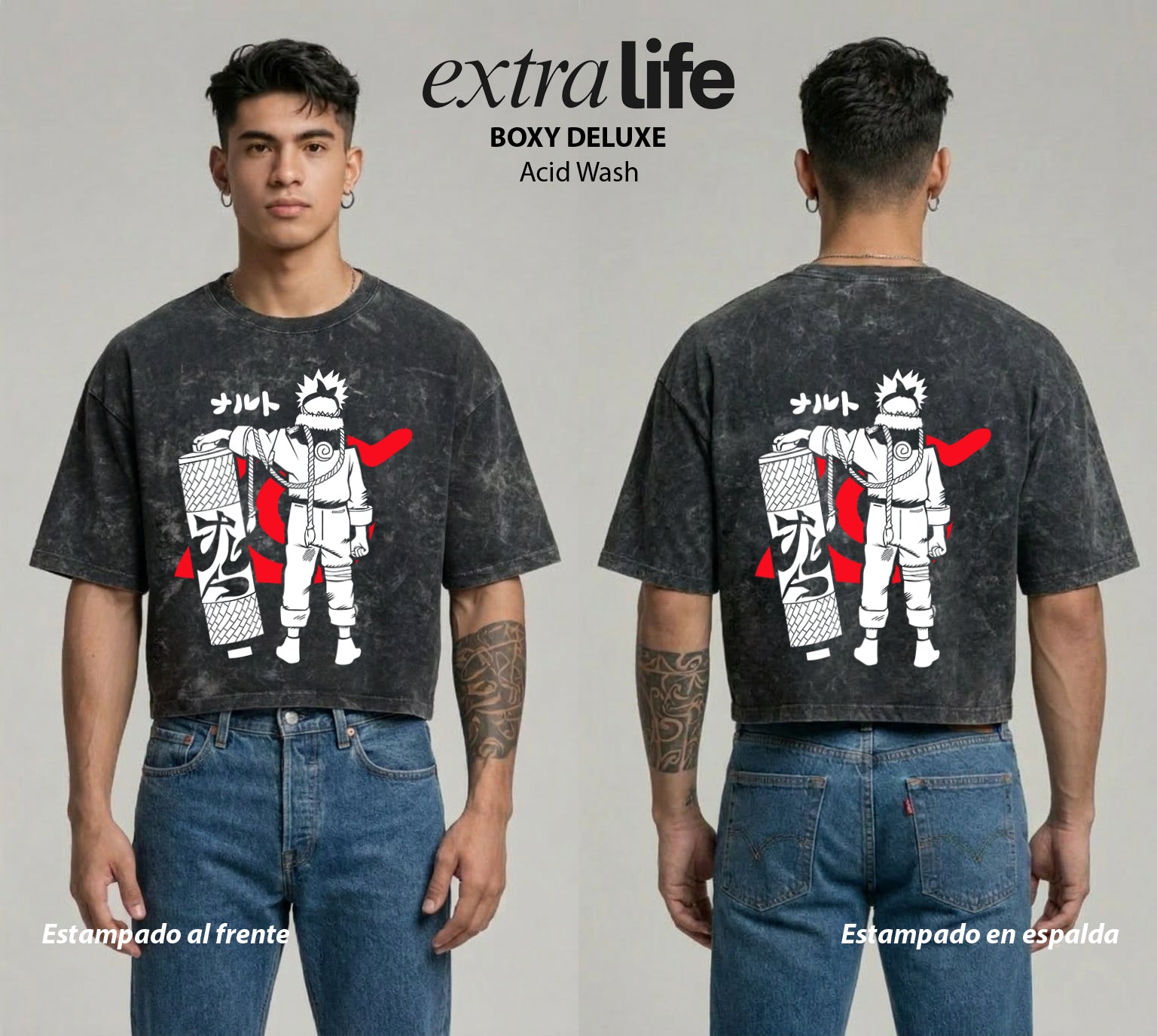 Playera streetwear premium de anime y gaming ExtraLife MX, corte boxy deluxe mineral wash heavyweight en color Acid Wash, moda urbana mexicana de culto.