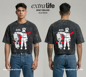 Playera streetwear premium de anime y gaming ExtraLife MX, corte boxy deluxe mineral wash heavyweight en color Acid Wash, moda urbana mexicana de culto.