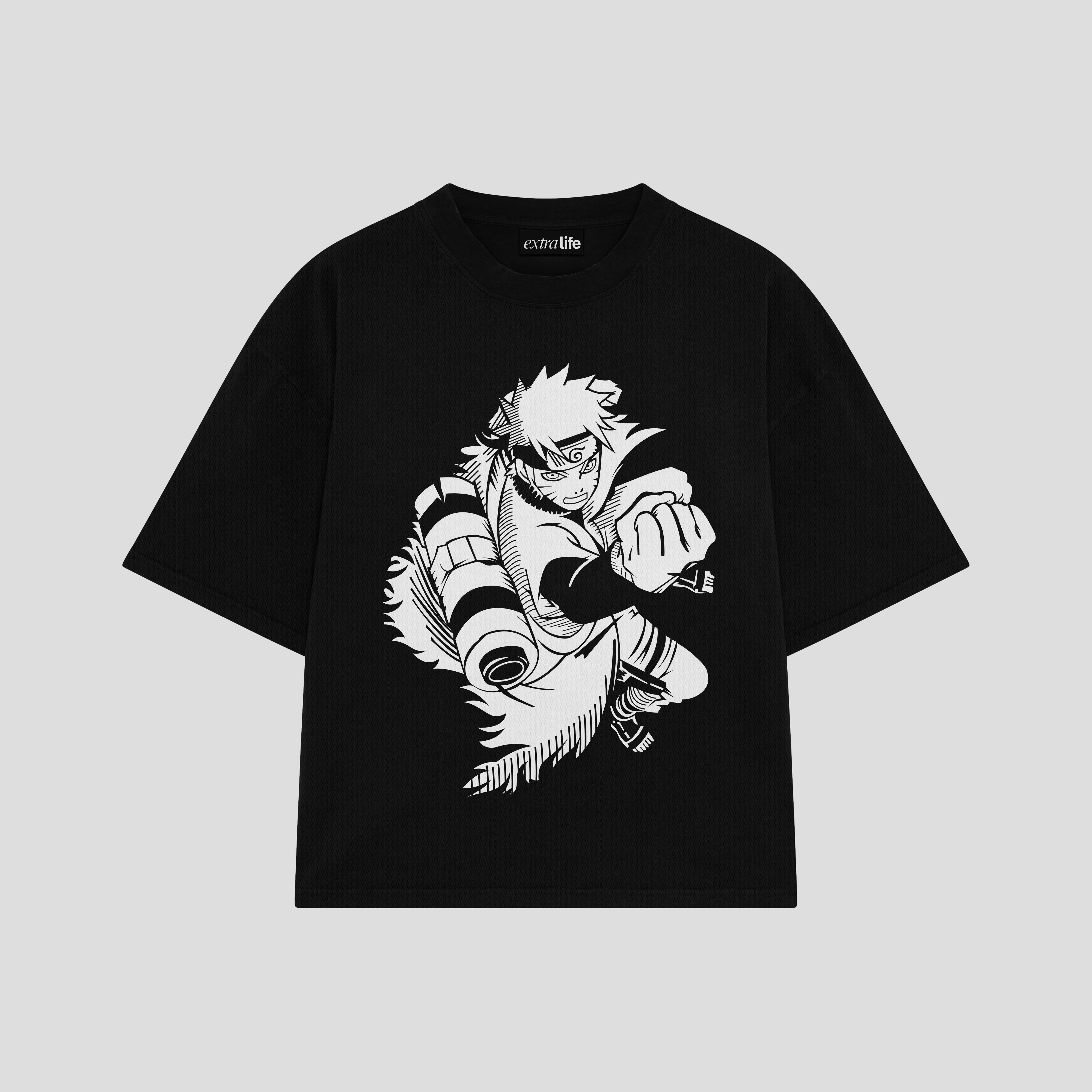 Playera streetwear premium de anime y gaming ExtraLife MX, corte boxy oversized drop shoulder heavyweight en color Deep Black y Off-White, moda urbana mexicana de culto.