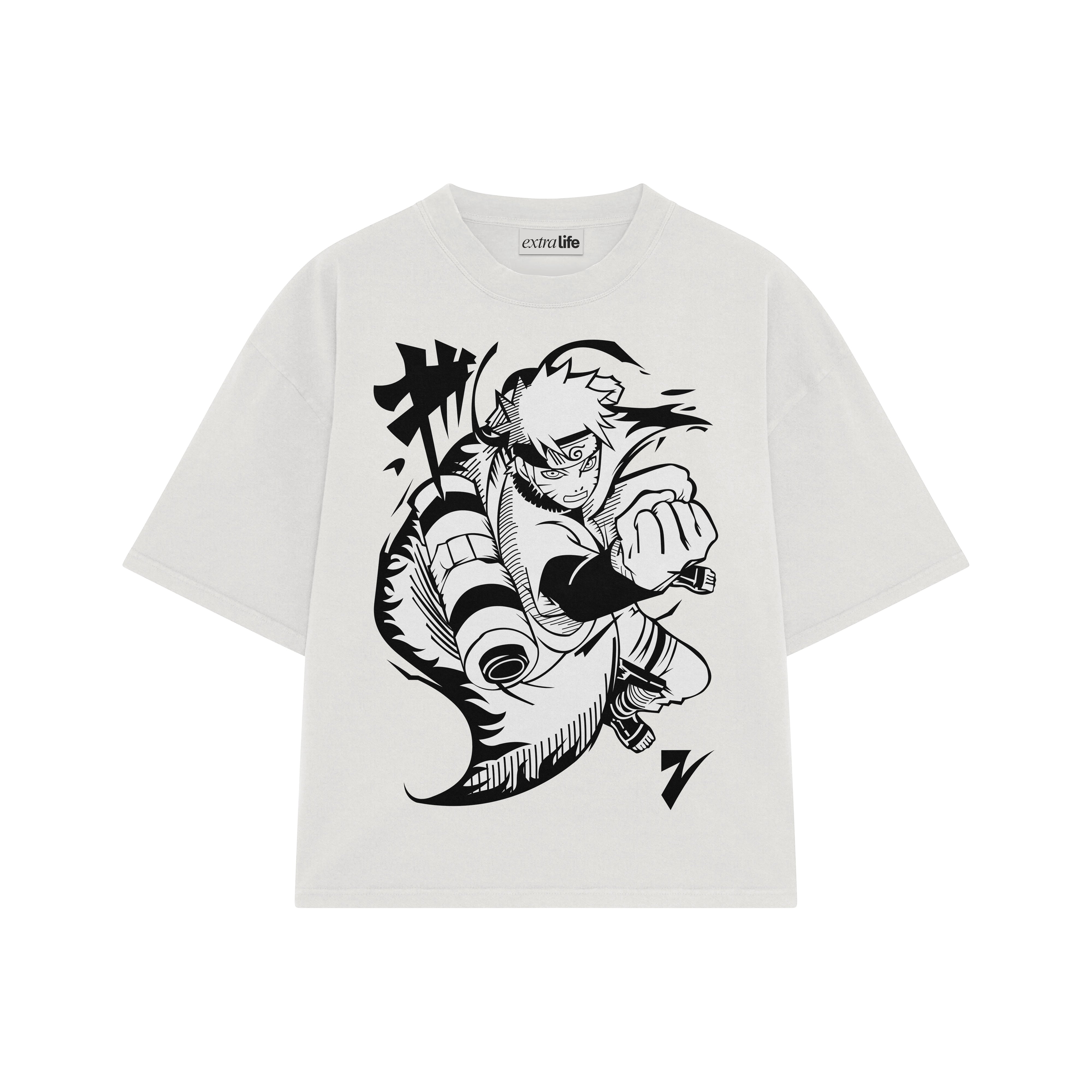 Playera streetwear premium de anime y gaming ExtraLife MX, corte boxy oversized drop shoulder heavyweight en color Deep Black y Off-White, moda urbana mexicana de culto.
