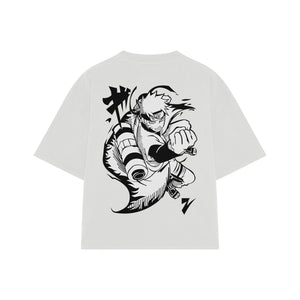 Playera streetwear premium de anime y gaming ExtraLife MX, corte boxy oversized drop shoulder heavyweight en color Deep Black y Off-White, moda urbana mexicana de culto.