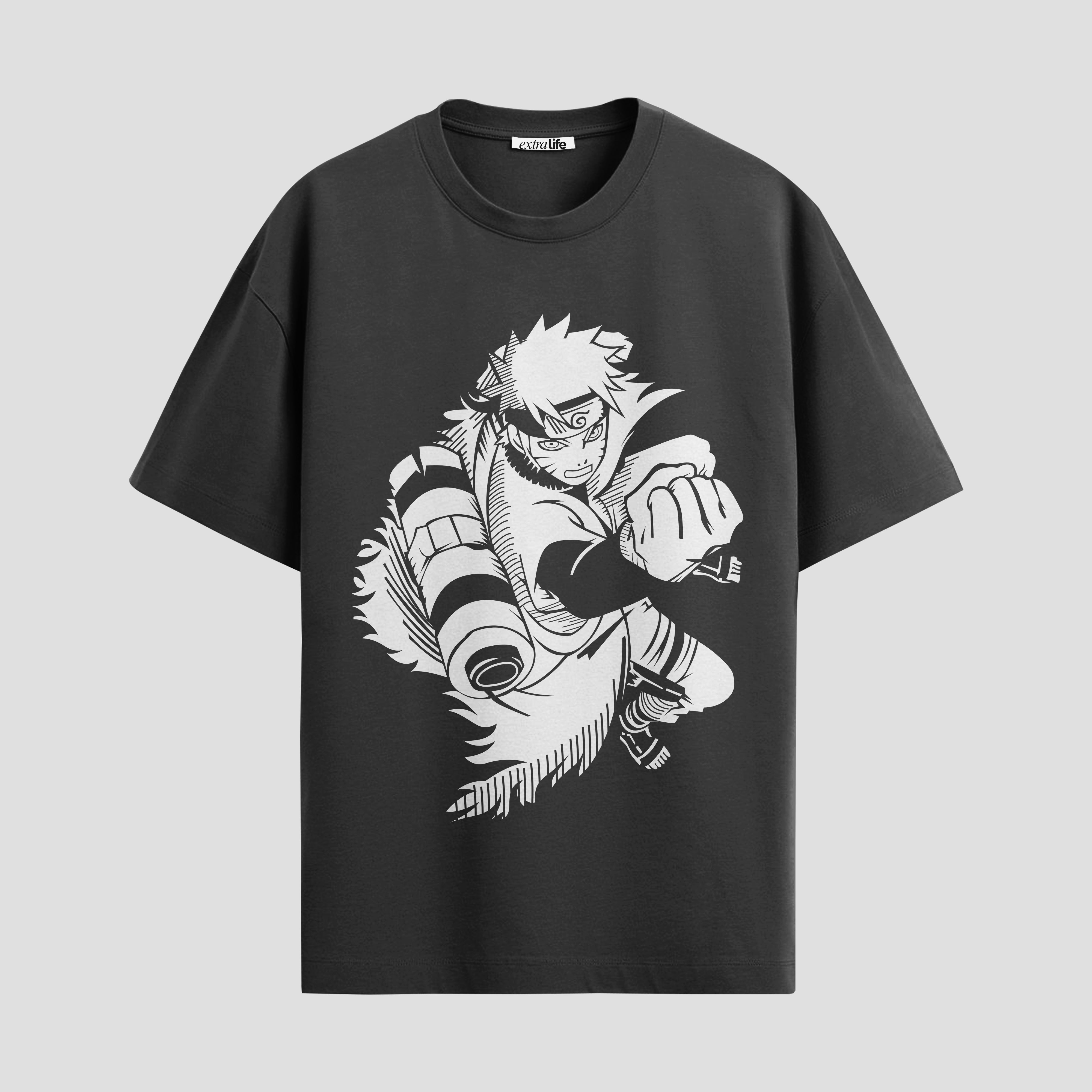 Playera urbana de anime y gaming ExtraLife MX, corte Standard Fit unisex ligero y transpirable en color Deep Black y Pure White, ropa de uso diario para gym y casual.