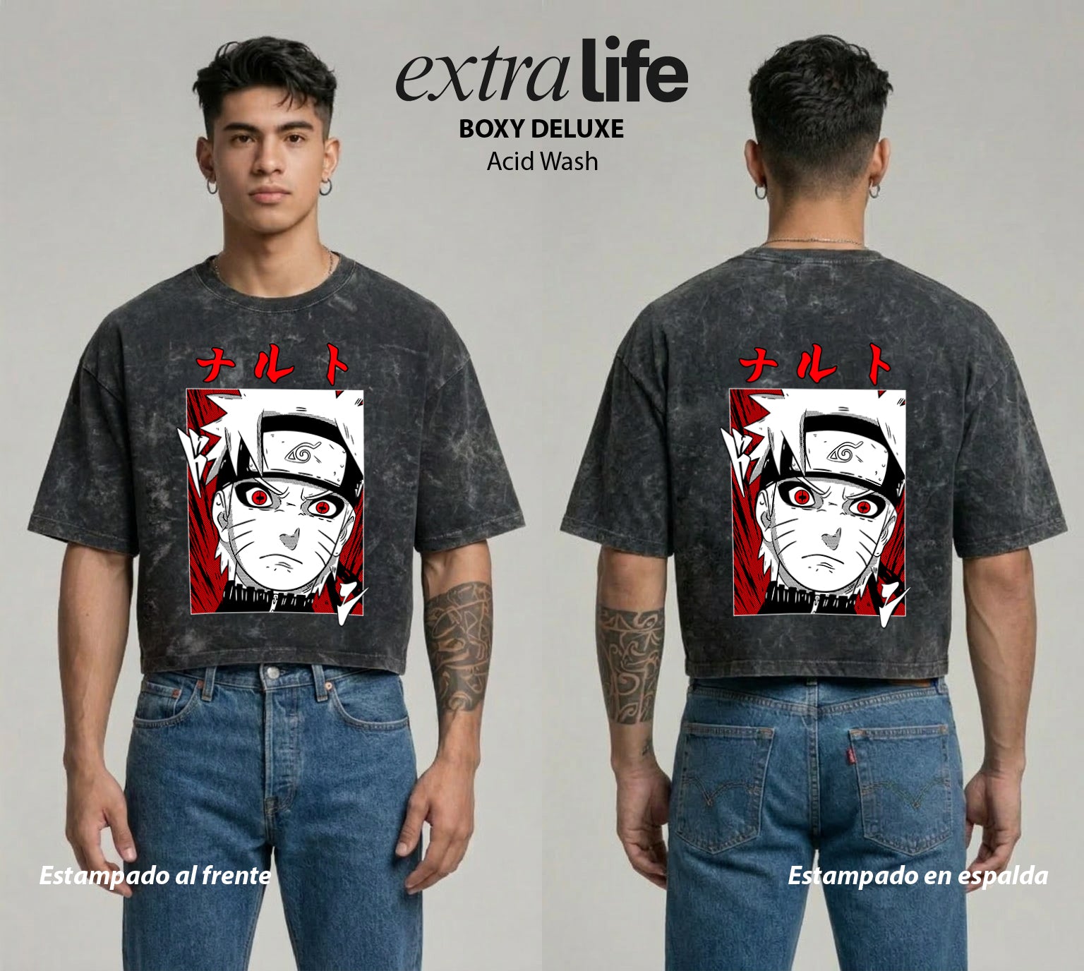Playera streetwear premium de anime y gaming ExtraLife MX, corte boxy deluxe mineral wash heavyweight en color Acid Wash, moda urbana mexicana de culto.