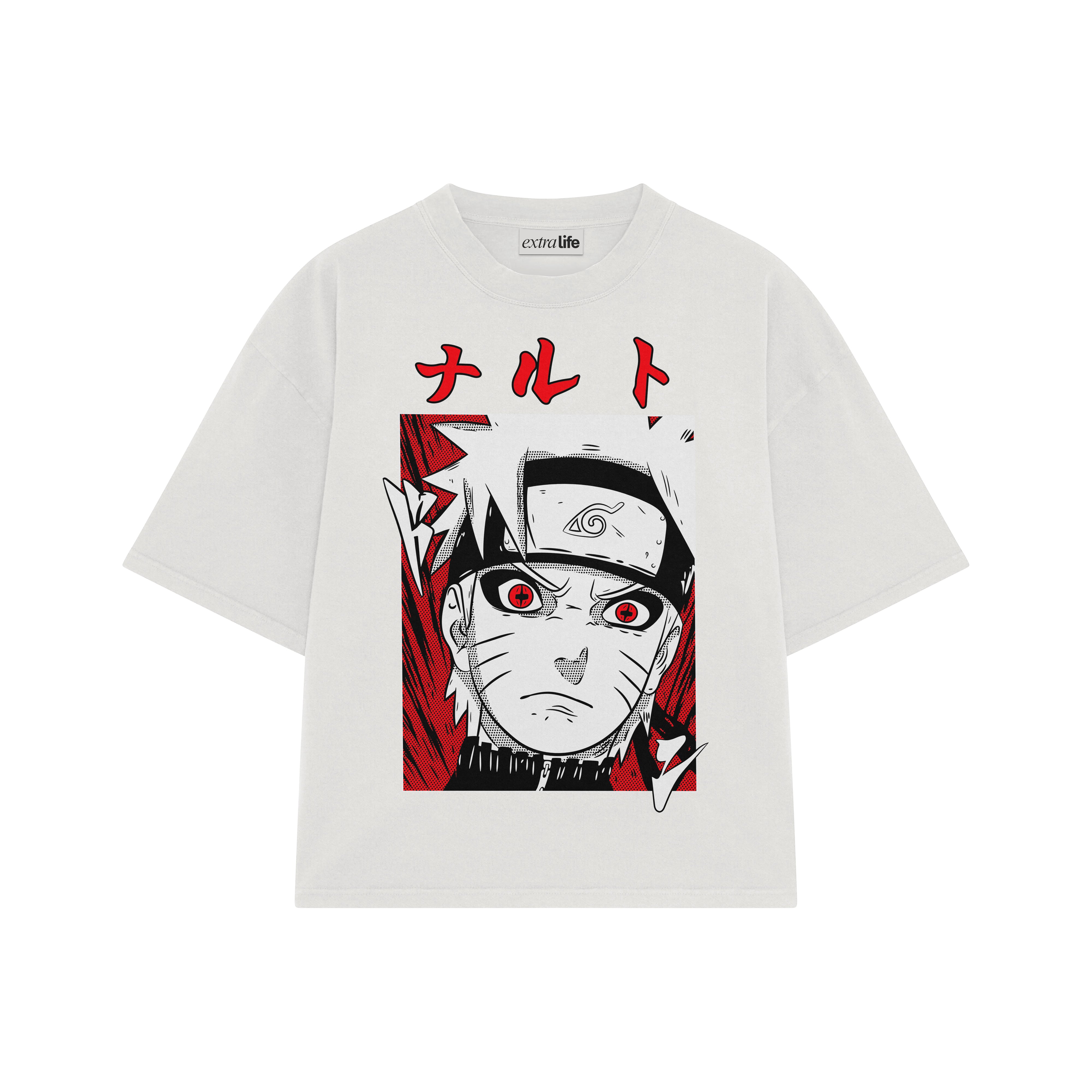 Playera streetwear premium de anime y gaming ExtraLife MX, corte boxy oversized drop shoulder heavyweight en color Deep Black y Off-White, moda urbana mexicana de culto.