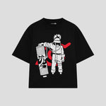 Playera streetwear premium de anime y gaming ExtraLife MX, corte boxy oversized drop shoulder heavyweight en color Deep Black y Off-White, moda urbana mexicana de culto.