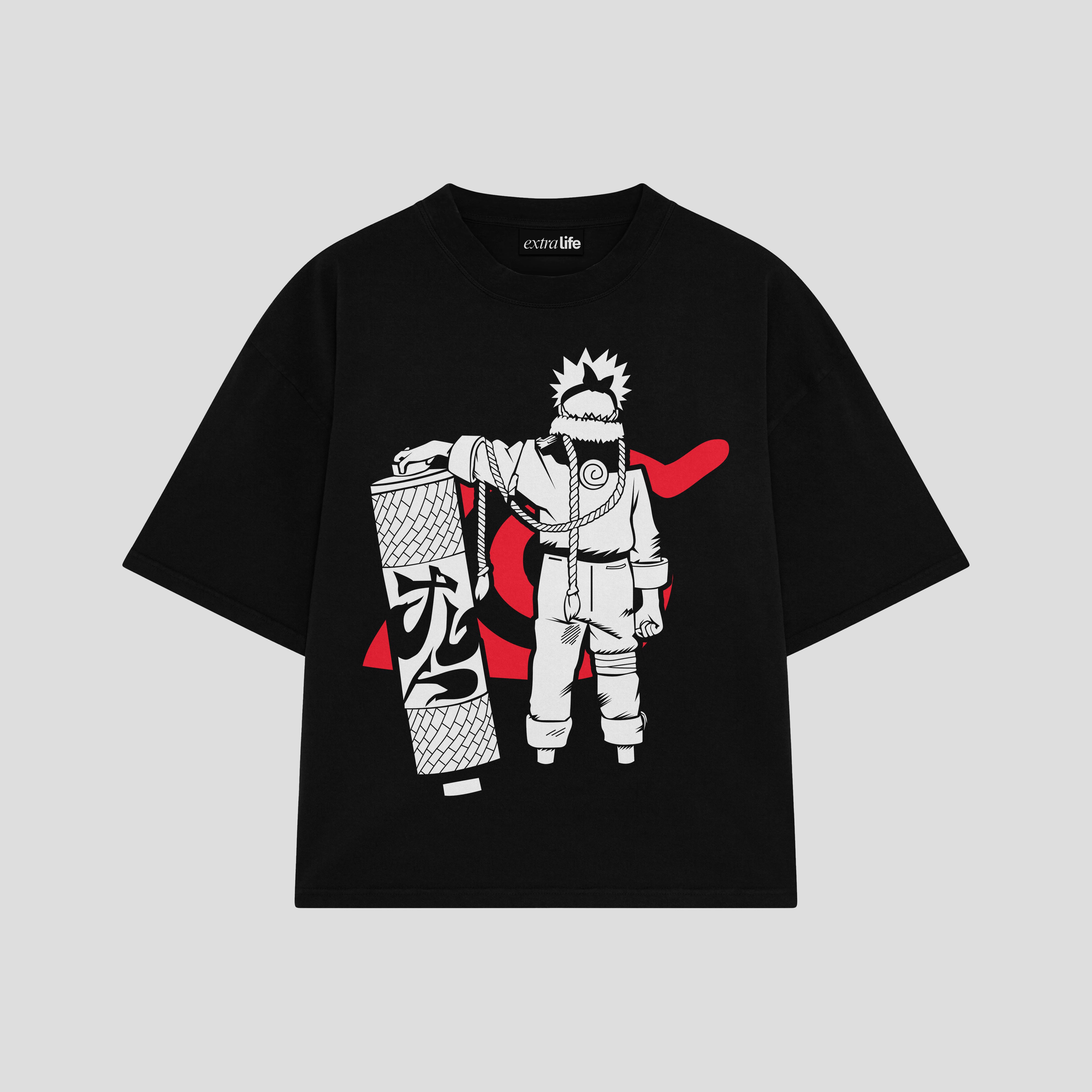 Playera streetwear premium de anime y gaming ExtraLife MX, corte boxy oversized drop shoulder heavyweight en color Deep Black y Off-White, moda urbana mexicana de culto.