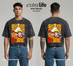 Playera streetwear premium de anime y gaming ExtraLife MX, corte boxy deluxe mineral wash heavyweight en color Acid Wash, moda urbana mexicana de culto.