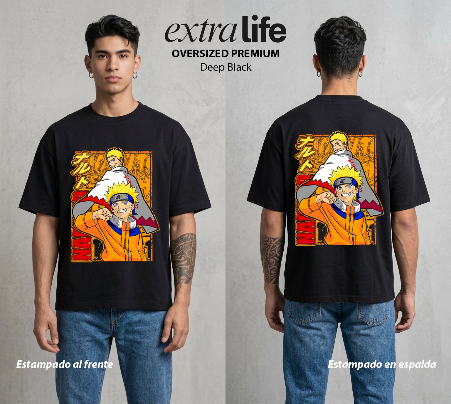 La Aldea Oculta | Zorro de Nueve Colas #02718 - Playera Oversized Premium | Deep Black - Foto en modelo