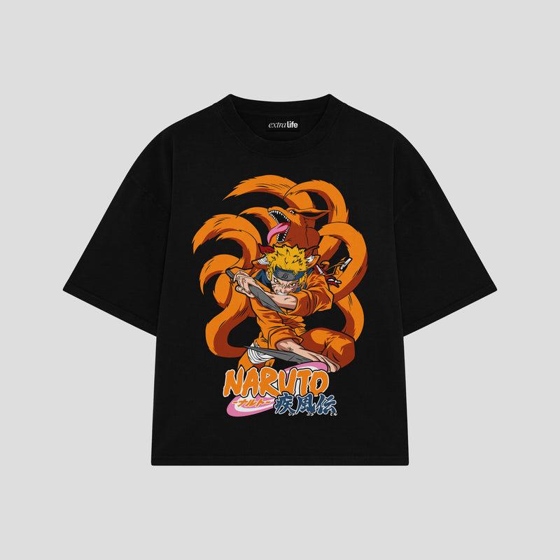 Playera streetwear premium de anime y gaming ExtraLife MX, corte boxy oversized drop shoulder heavyweight en color Deep Black y Off-White, moda urbana mexicana de culto.