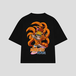 Playera streetwear premium de anime y gaming ExtraLife MX, corte boxy oversized drop shoulder heavyweight en color Deep Black y Off-White, moda urbana mexicana de culto.