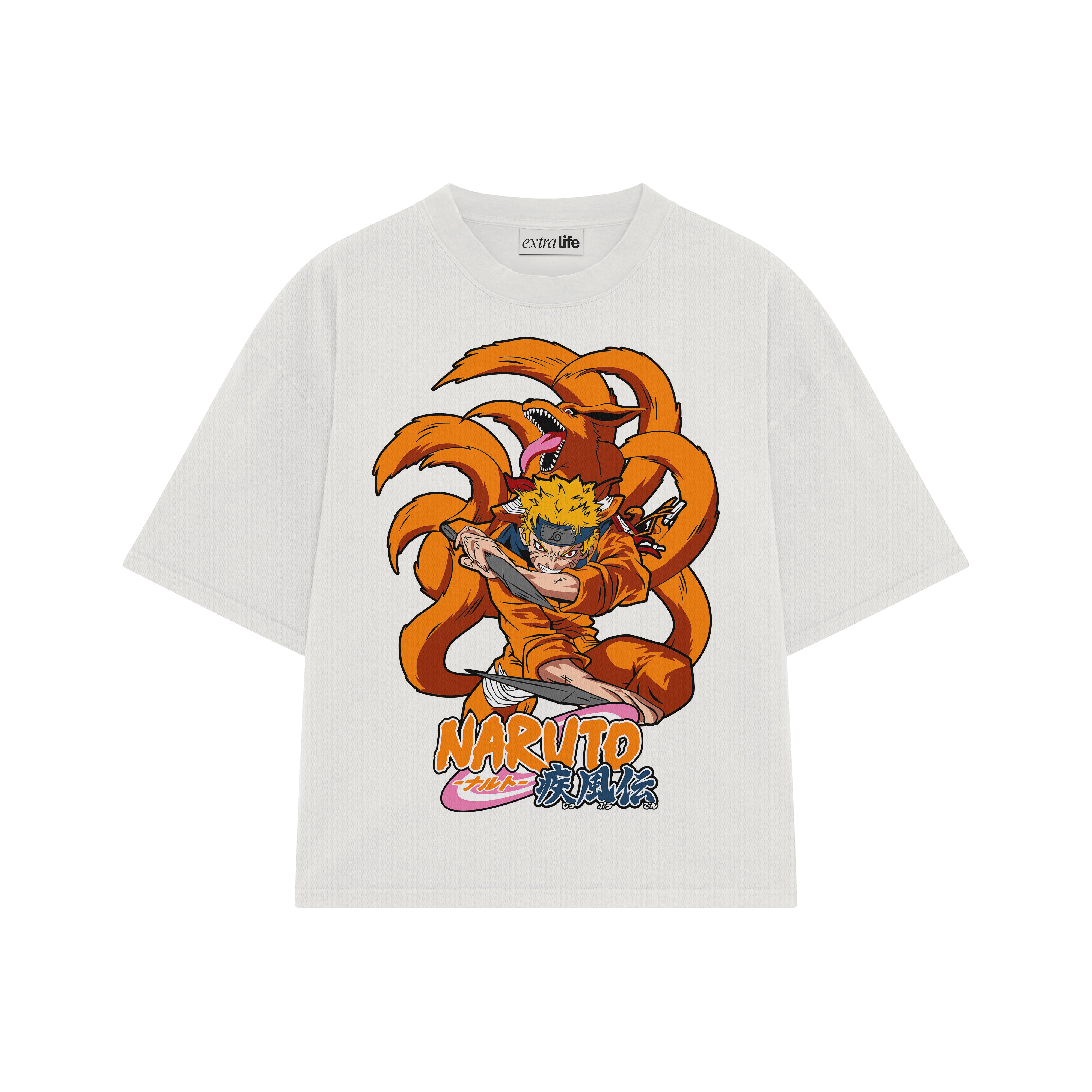 Playera streetwear premium de anime y gaming ExtraLife MX, corte boxy oversized drop shoulder heavyweight en color Deep Black y Off-White, moda urbana mexicana de culto.