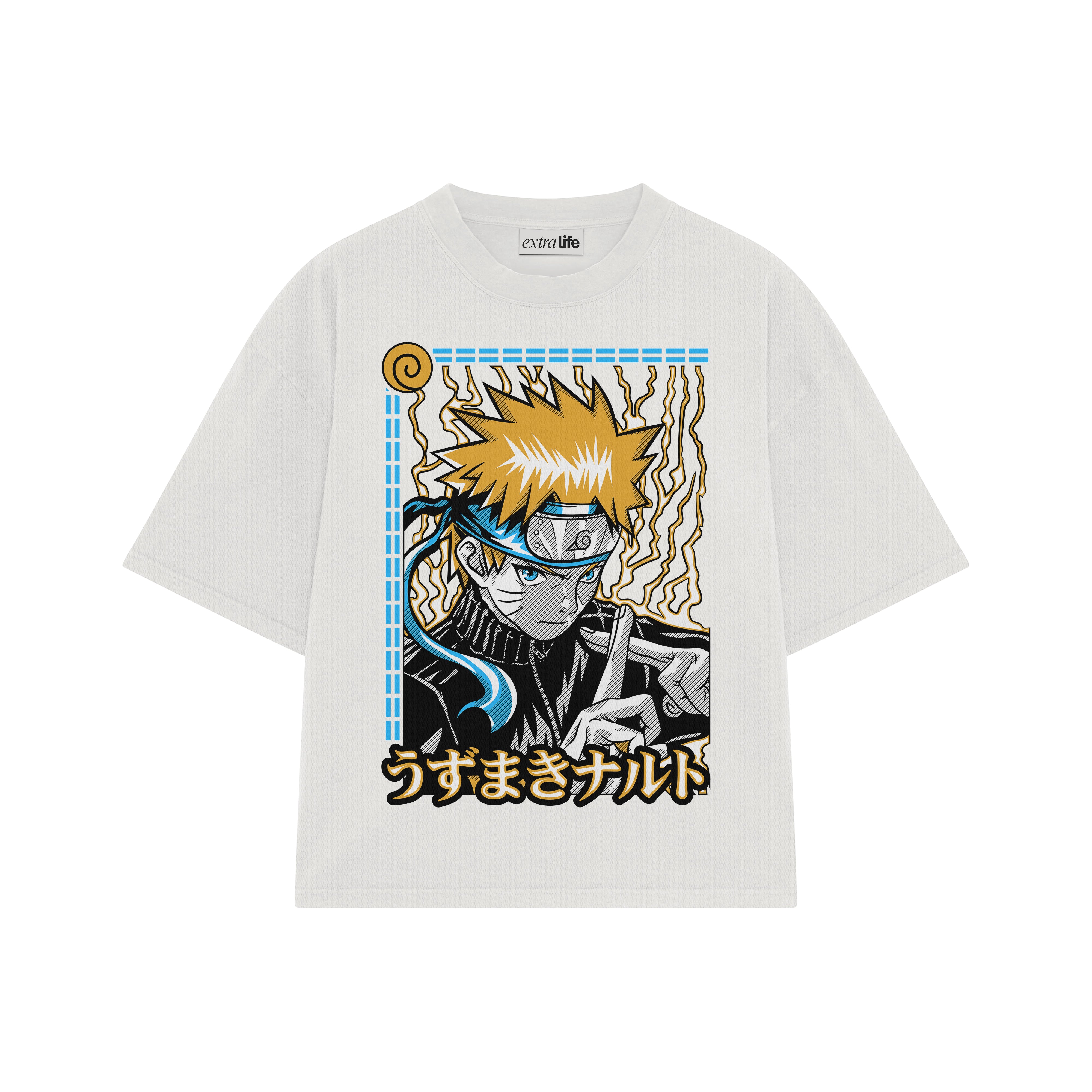 Playera streetwear premium de anime y gaming ExtraLife MX, corte boxy oversized drop shoulder heavyweight en color Deep Black y Off-White, moda urbana mexicana de culto.