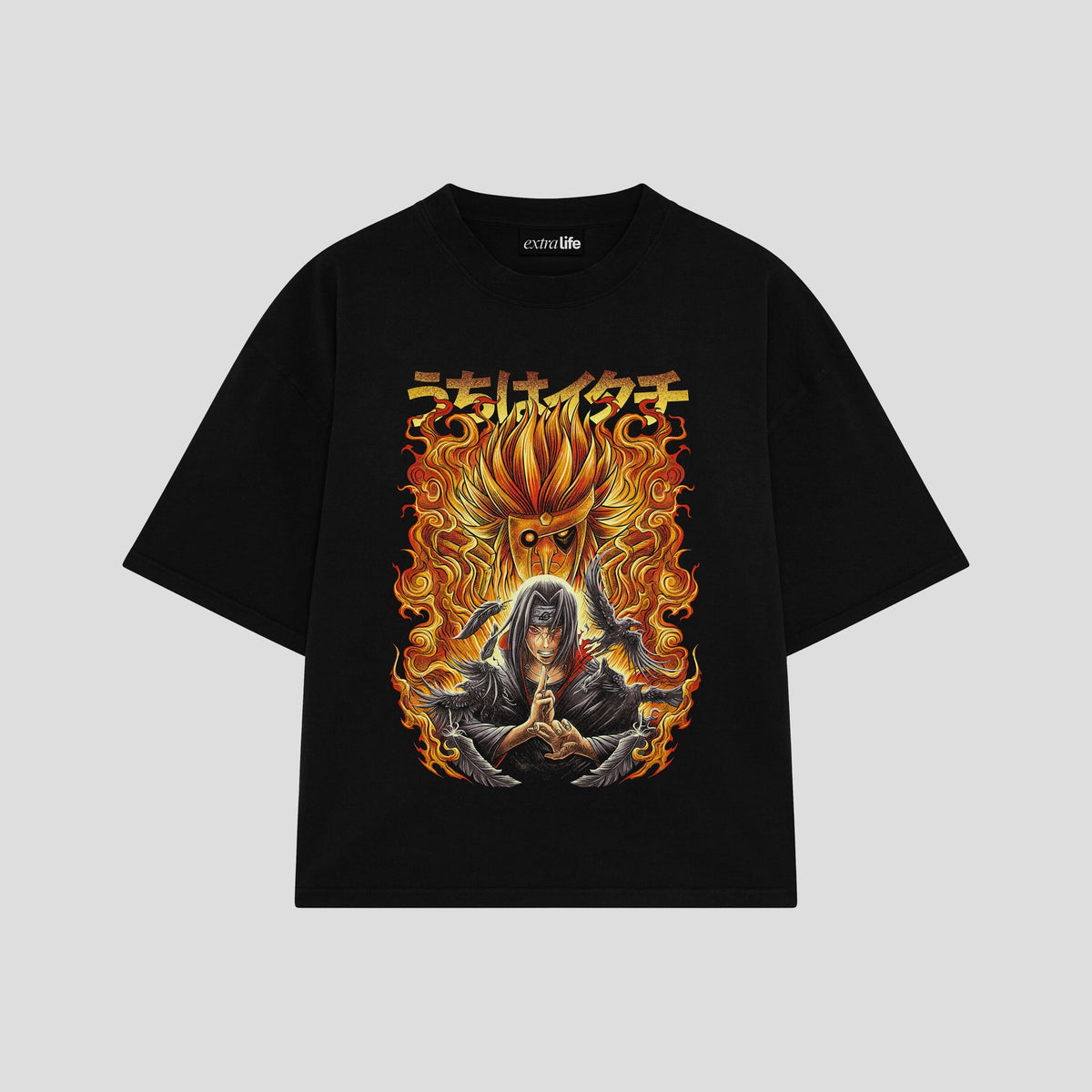 Playera streetwear premium de anime y gaming ExtraLife MX, corte oversized drop shoulder ligero y fresco en color Deep Black y Off-White, moda urbana mexicana de culto.