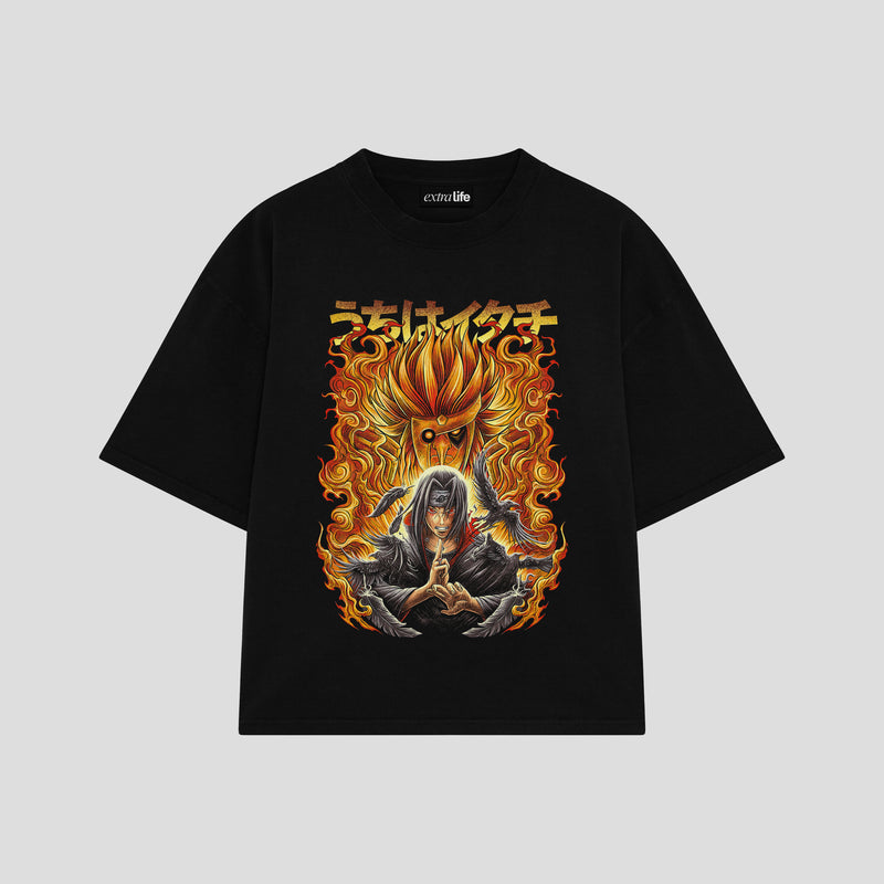 Playera streetwear premium de anime y gaming ExtraLife MX, corte boxy oversized drop shoulder heavyweight en color Deep Black y Off-White, moda urbana mexicana de culto.