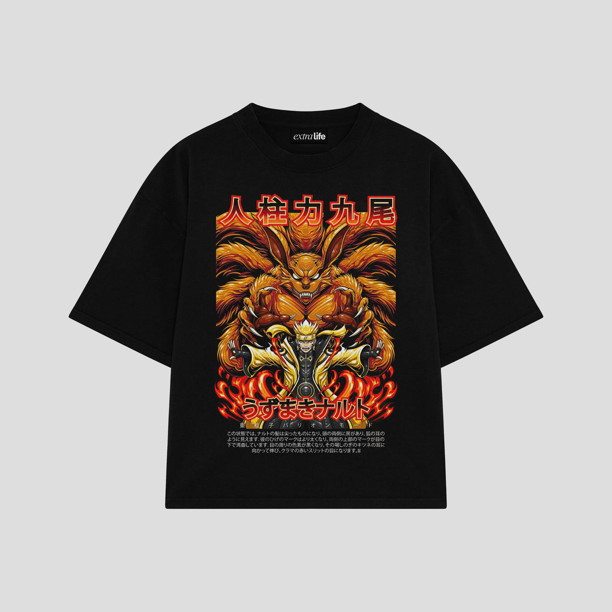 Playera streetwear premium de anime y gaming ExtraLife MX, corte oversized drop shoulder ligero y fresco en color Deep Black y Off-White, moda urbana mexicana de culto.