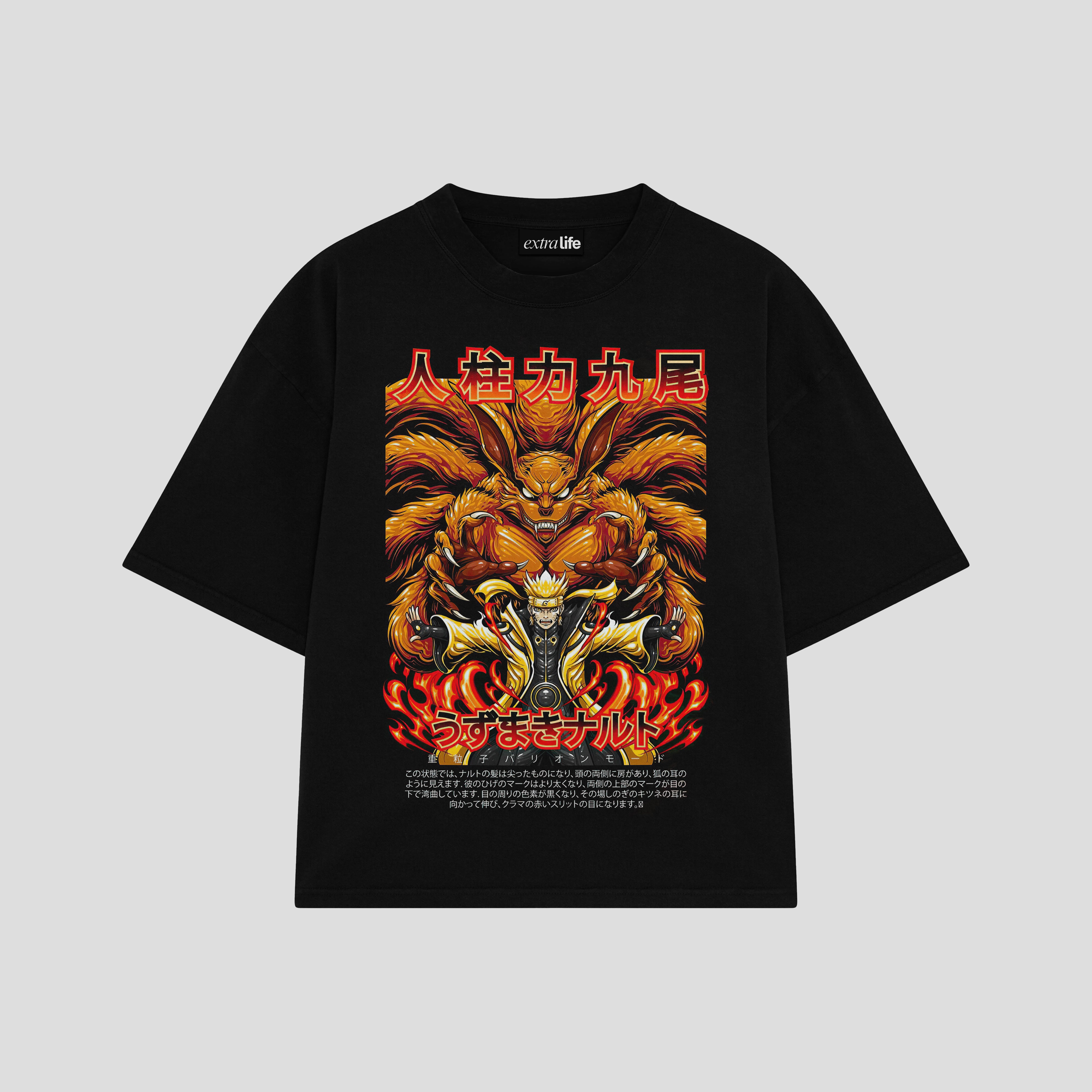 Playera streetwear premium de anime y gaming ExtraLife MX, corte boxy oversized drop shoulder heavyweight en color Deep Black y Off-White, moda urbana mexicana de culto.
