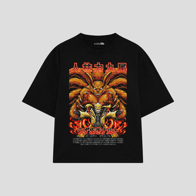 Playera streetwear premium de anime y gaming ExtraLife MX, corte boxy oversized drop shoulder heavyweight en color Deep Black y Off-White, moda urbana mexicana de culto.