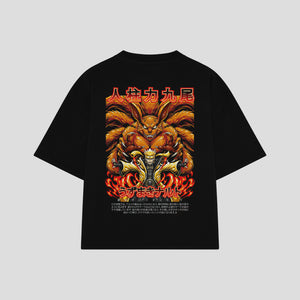 Playera streetwear premium de anime y gaming ExtraLife MX, corte boxy oversized drop shoulder heavyweight en color Deep Black y Off-White, moda urbana mexicana de culto.