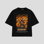 Playera streetwear premium de anime y gaming ExtraLife MX, corte boxy oversized drop shoulder heavyweight en color Deep Black y Off-White, moda urbana mexicana de culto.