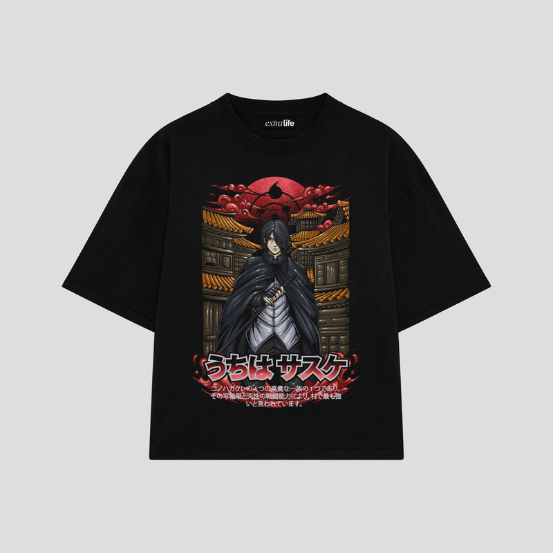 Playera streetwear premium de anime y gaming ExtraLife MX, corte boxy oversized drop shoulder heavyweight en color Deep Black y Off-White, moda urbana mexicana de culto.