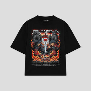 Playera streetwear premium de anime y gaming ExtraLife MX, corte boxy oversized drop shoulder heavyweight en color Deep Black y Off-White, moda urbana mexicana de culto.