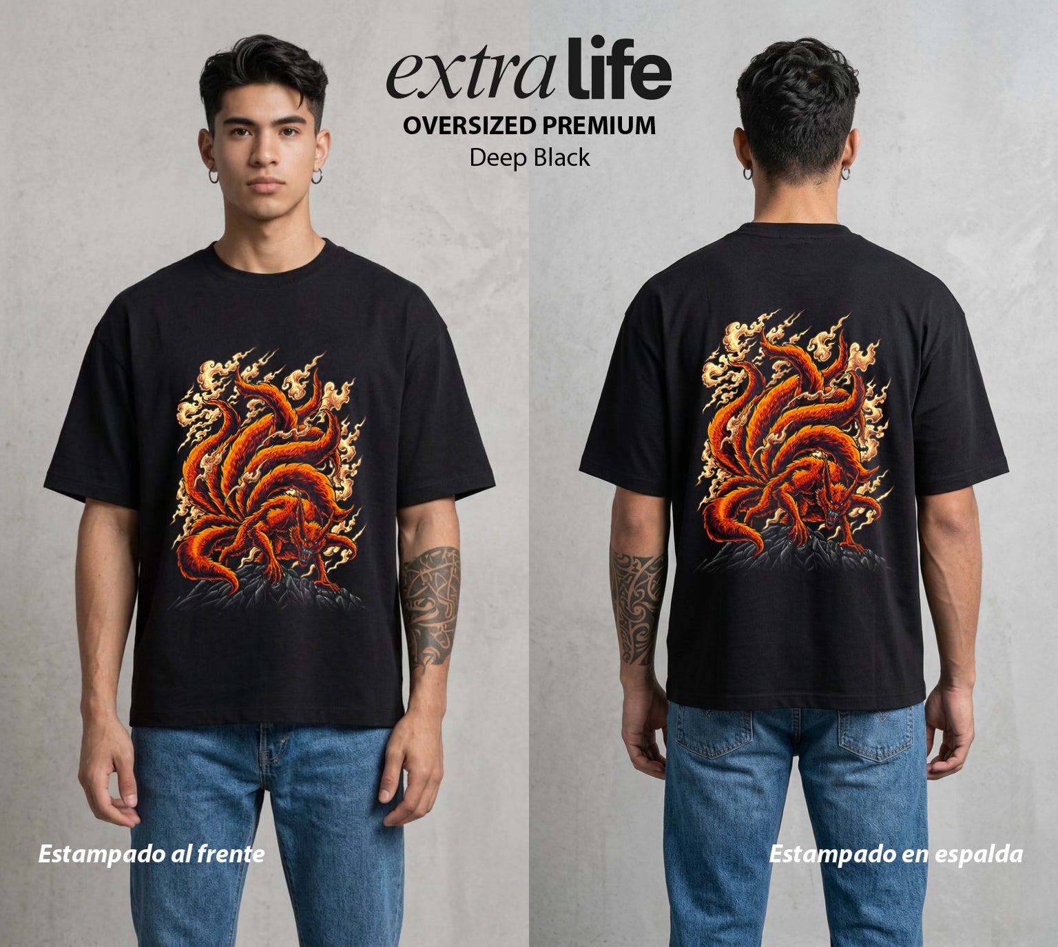 La Aldea Oculta | Spiritu del Zorro #02732 - Playera Oversized Premium | Deep Black - Foto en modelo
