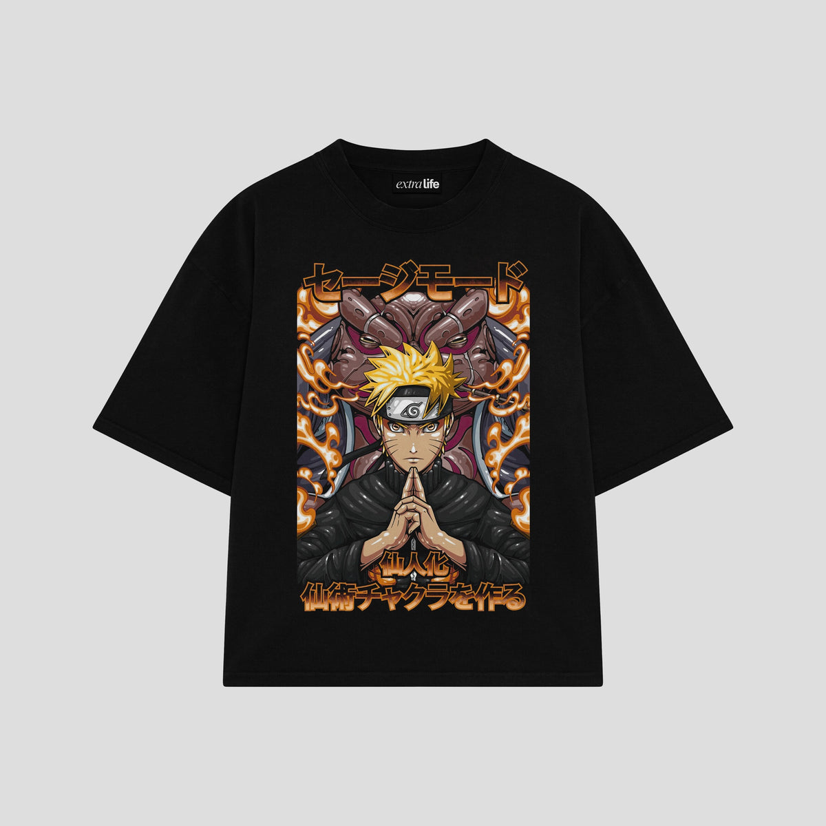 Playera streetwear premium de anime y gaming ExtraLife MX, corte oversized drop shoulder ligero y fresco en color Deep Black y Off-White, moda urbana mexicana de culto.