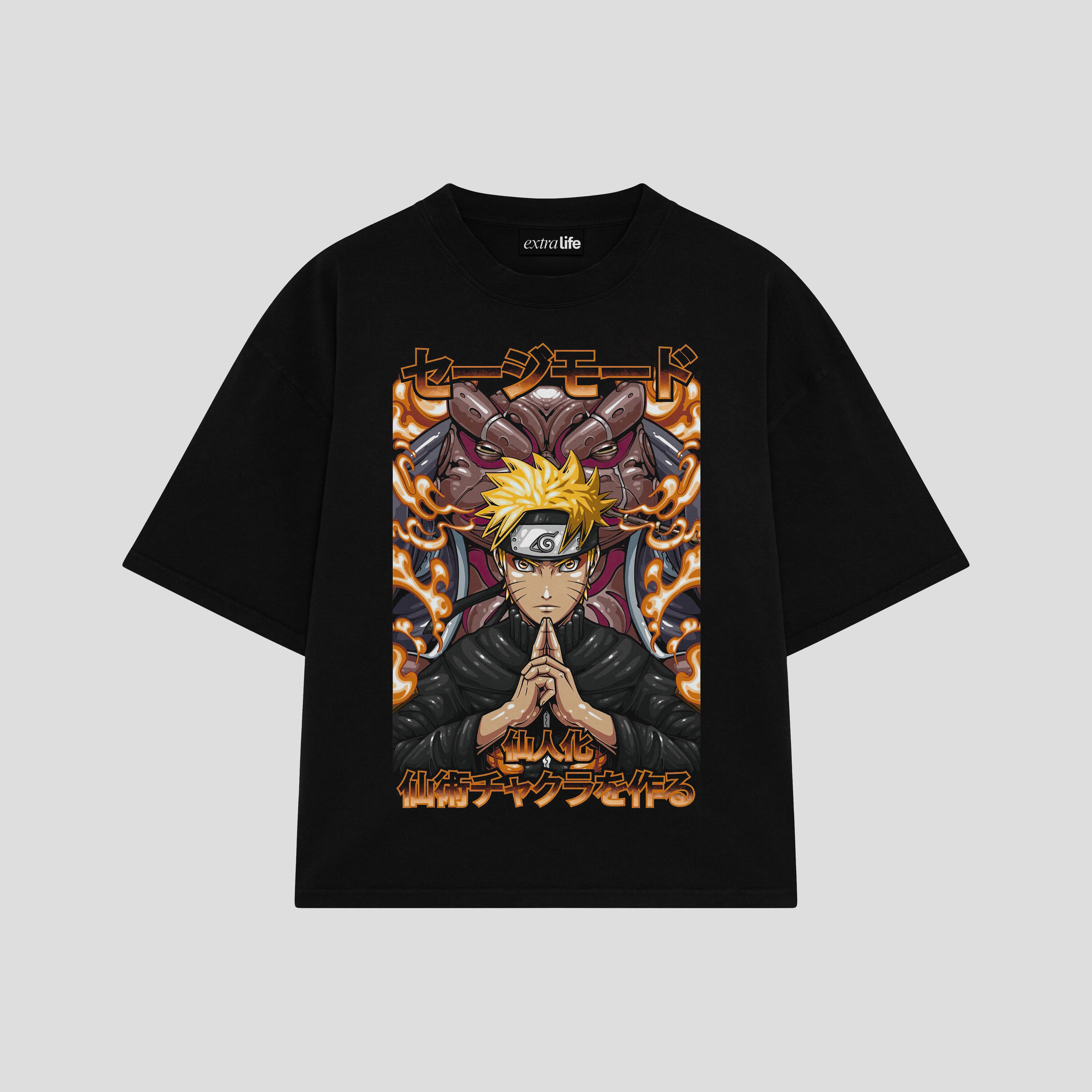 Playera streetwear premium de anime y gaming ExtraLife MX, corte boxy oversized drop shoulder heavyweight en color Deep Black y Off-White, moda urbana mexicana de culto.