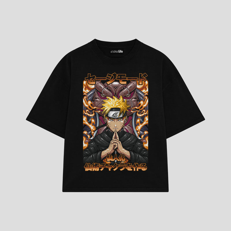 Playera streetwear premium de anime y gaming ExtraLife MX, corte boxy oversized drop shoulder heavyweight en color Deep Black y Off-White, moda urbana mexicana de culto.