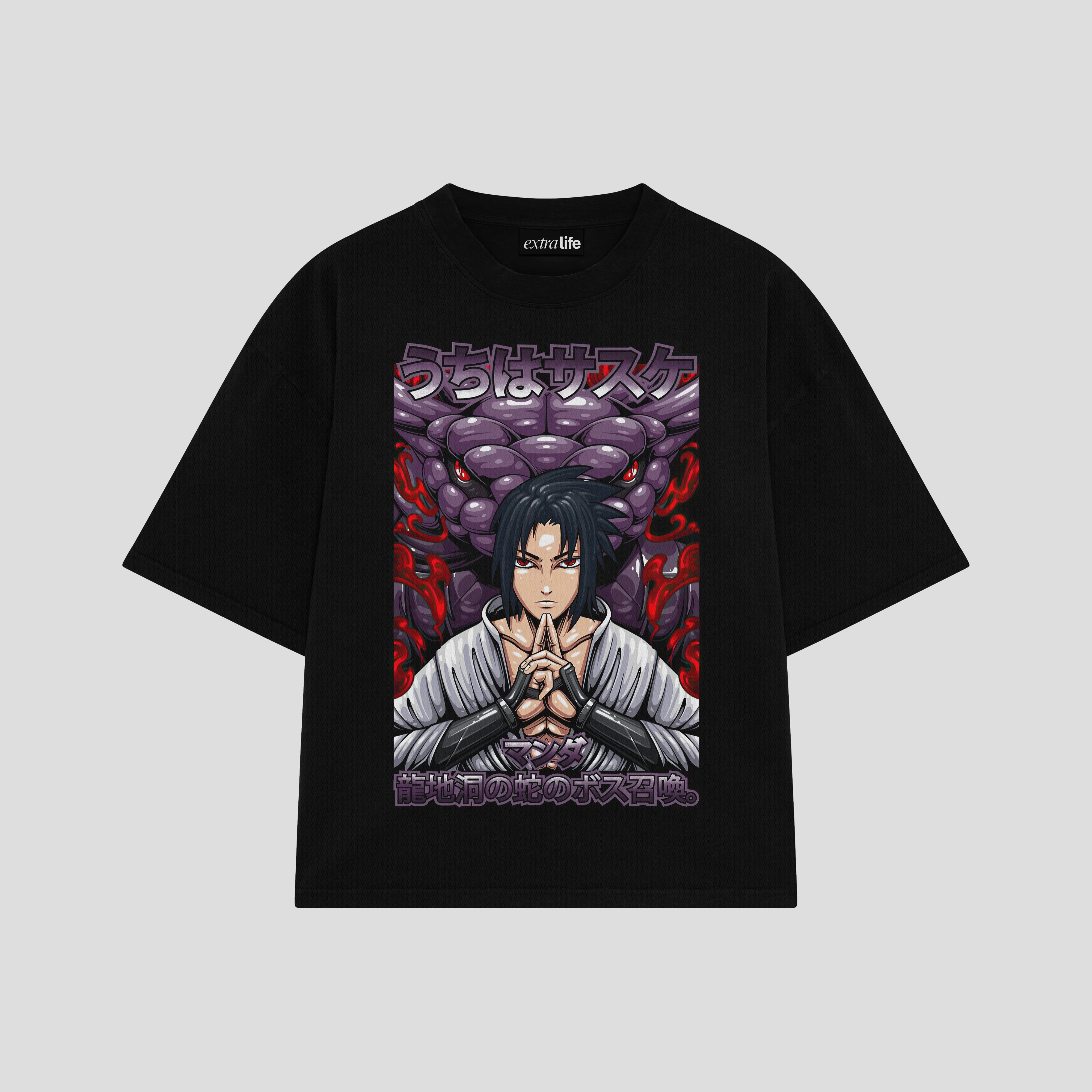Playera streetwear premium de anime y gaming ExtraLife MX, corte boxy oversized drop shoulder heavyweight en color Deep Black y Off-White, moda urbana mexicana de culto.