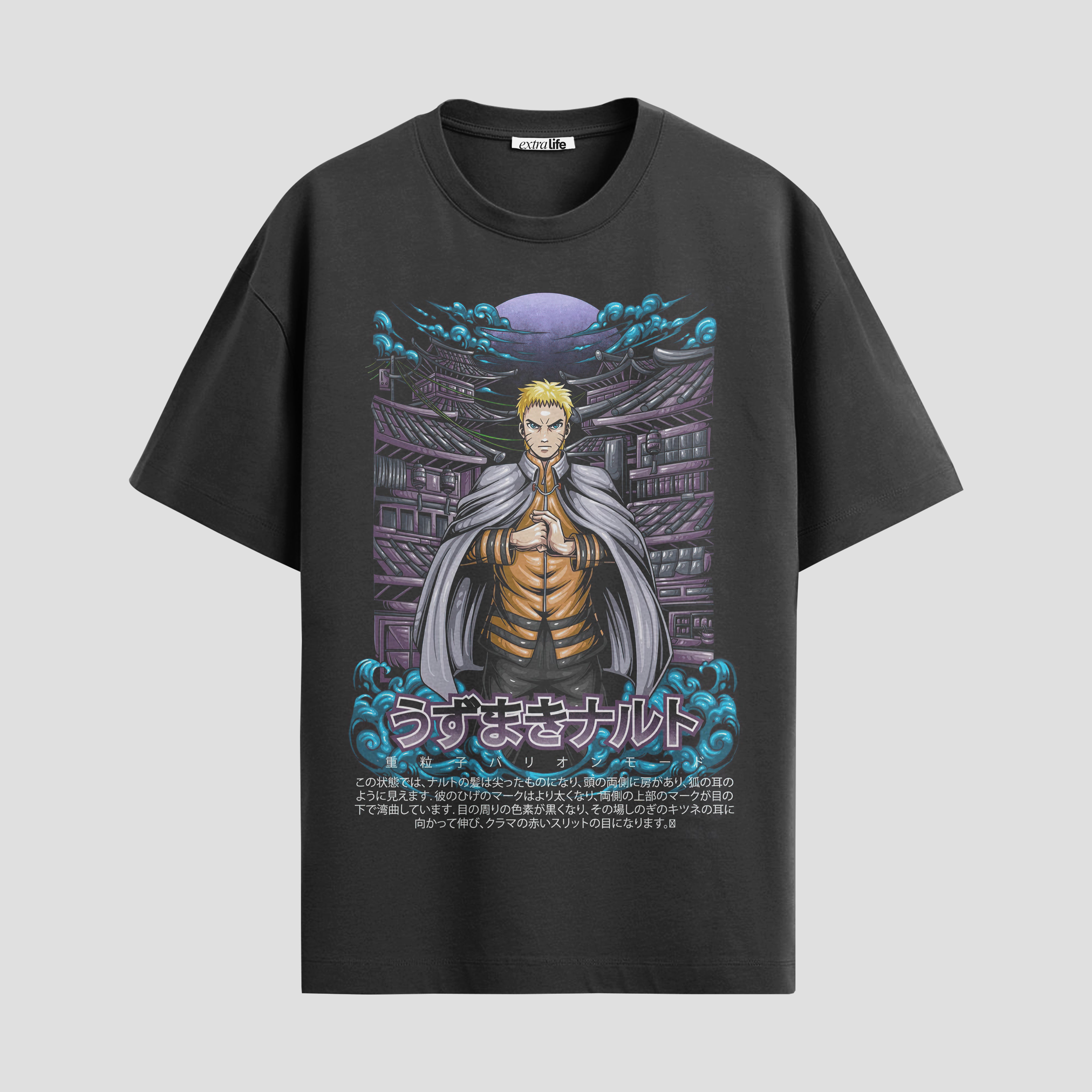 Playera urbana de anime y gaming ExtraLife MX, corte Standard Fit unisex ligero y transpirable en color Deep Black y Pure White, ropa de uso diario para gym y casual.