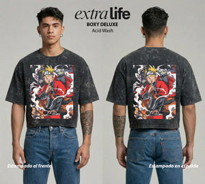 Playera streetwear premium de anime y gaming ExtraLife MX, corte boxy deluxe mineral wash heavyweight en color Acid Wash, moda urbana mexicana de culto.