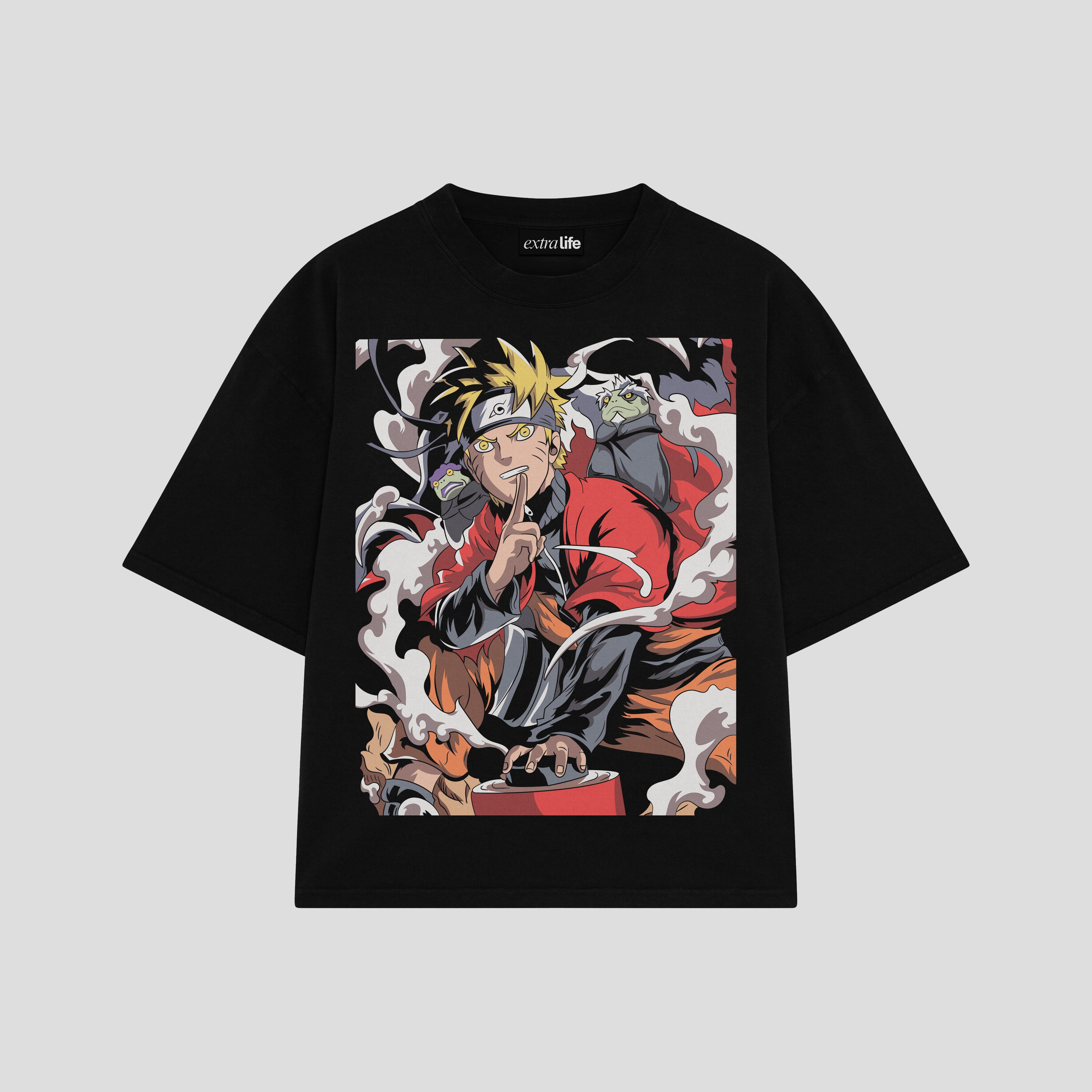 Playera streetwear premium de anime y gaming ExtraLife MX, corte boxy oversized drop shoulder heavyweight en color Deep Black y Off-White, moda urbana mexicana de culto.