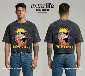 Playera streetwear premium de anime y gaming ExtraLife MX, corte boxy deluxe mineral wash heavyweight en color Acid Wash, moda urbana mexicana de culto.