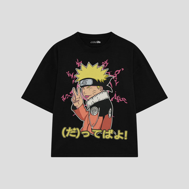Playera streetwear premium de anime y gaming ExtraLife MX, corte boxy oversized drop shoulder heavyweight en color Deep Black y Off-White, moda urbana mexicana de culto.