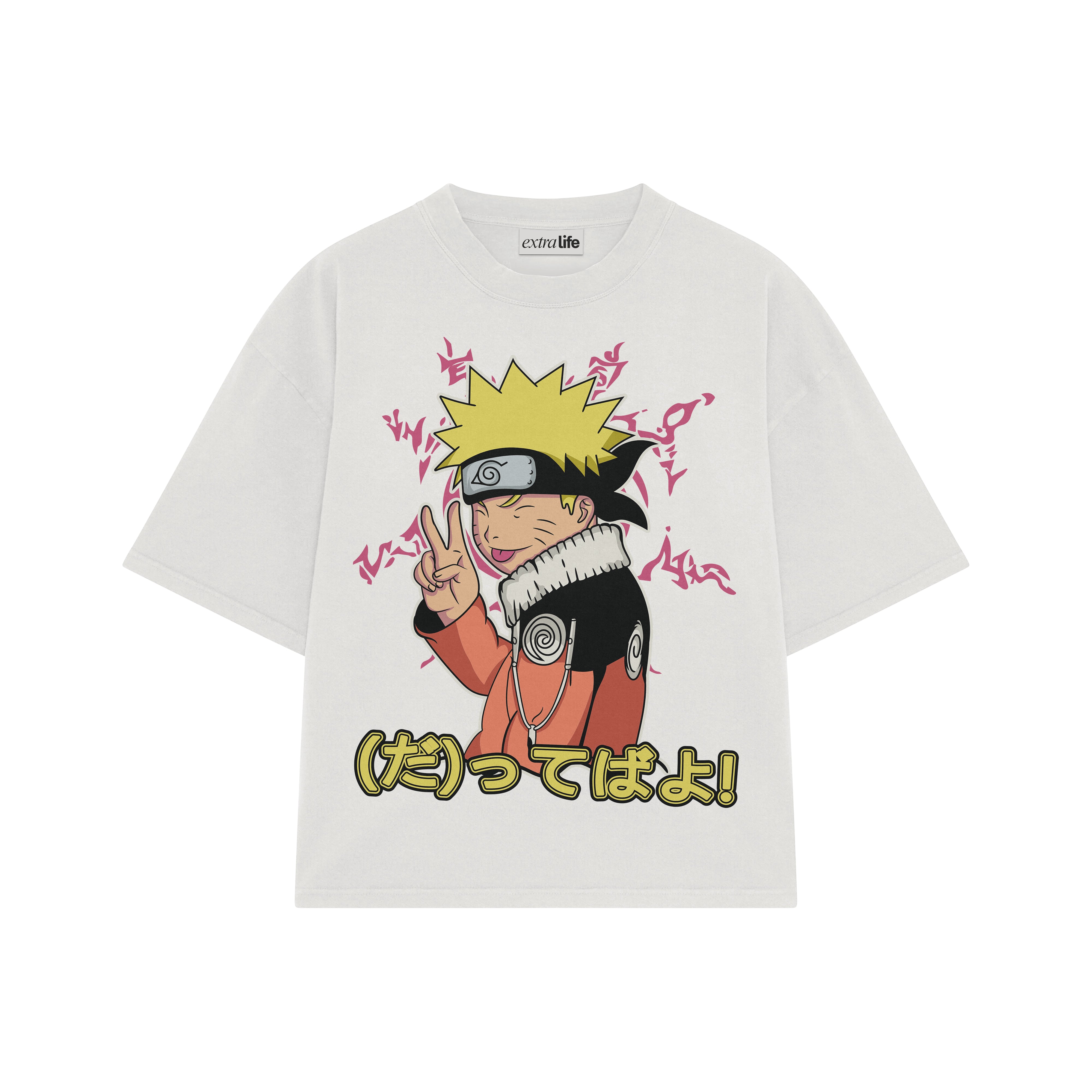 Playera streetwear premium de anime y gaming ExtraLife MX, corte boxy oversized drop shoulder heavyweight en color Deep Black y Off-White, moda urbana mexicana de culto.