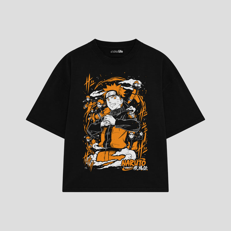 Playera streetwear premium de anime y gaming ExtraLife MX, corte boxy oversized drop shoulder heavyweight en color Deep Black y Off-White, moda urbana mexicana de culto.