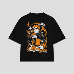 Playera streetwear premium de anime y gaming ExtraLife MX, corte boxy oversized drop shoulder heavyweight en color Deep Black y Off-White, moda urbana mexicana de culto.