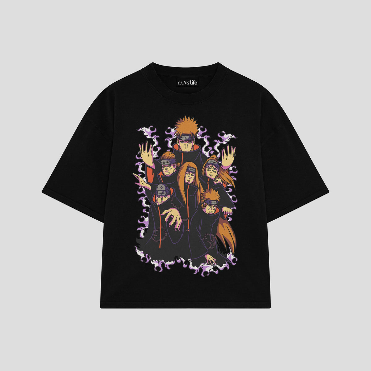Playera streetwear premium de anime y gaming ExtraLife MX, corte oversized drop shoulder ligero y fresco en color Deep Black y Off-White, moda urbana mexicana de culto.