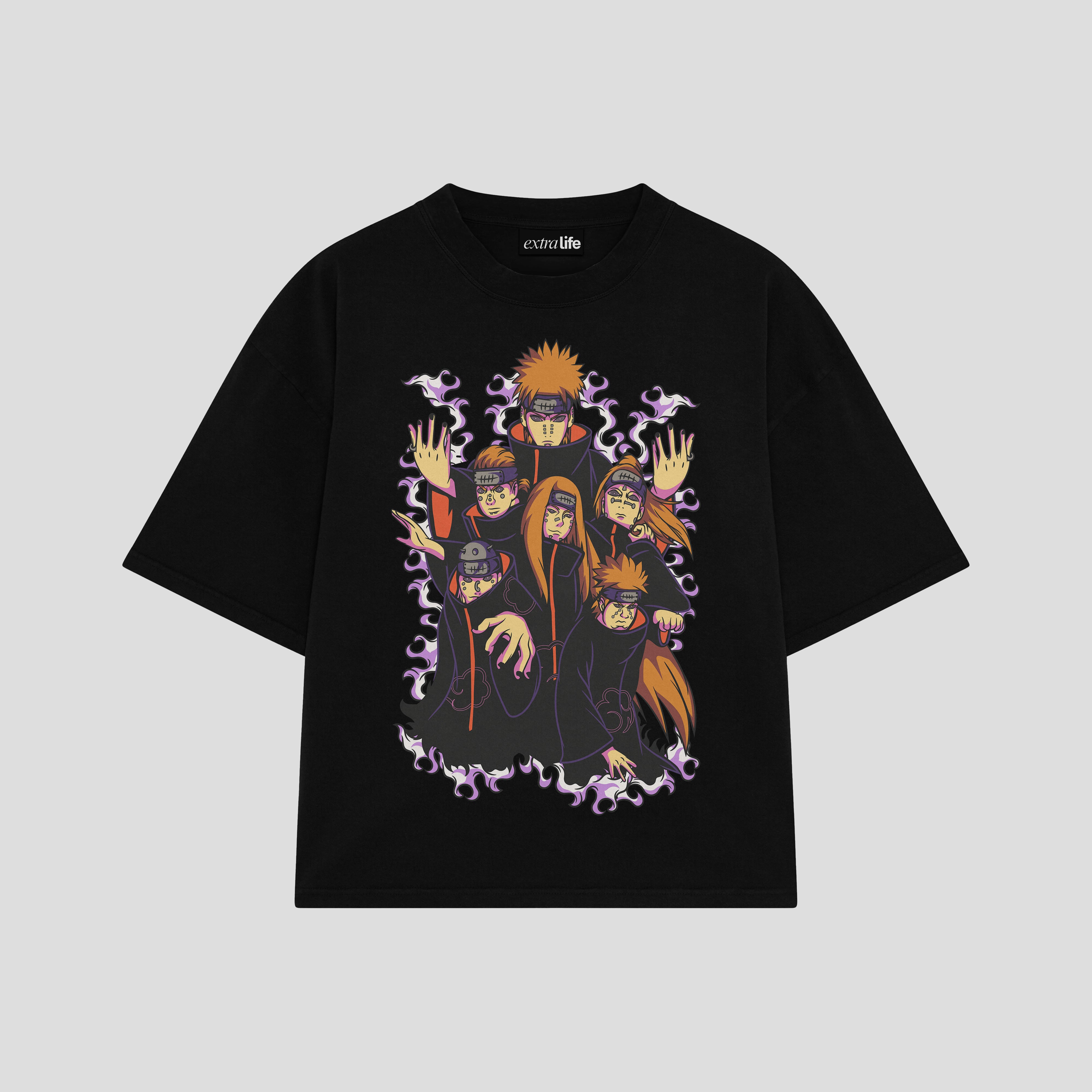Playera streetwear premium de anime y gaming ExtraLife MX, corte boxy oversized drop shoulder heavyweight en color Deep Black y Off-White, moda urbana mexicana de culto.