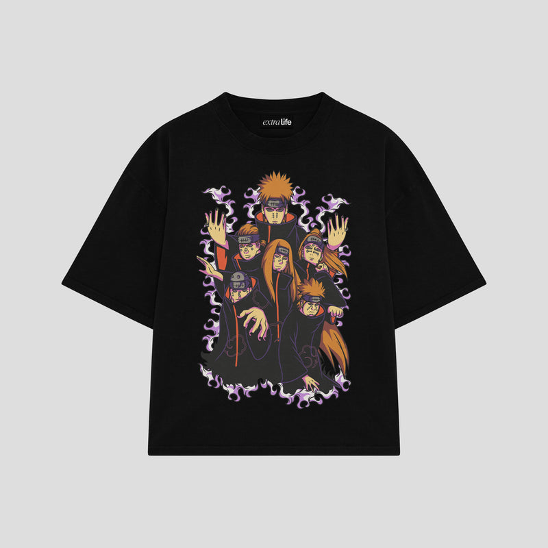 Playera streetwear premium de anime y gaming ExtraLife MX, corte boxy oversized drop shoulder heavyweight en color Deep Black y Off-White, moda urbana mexicana de culto.
