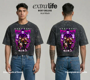 Playera streetwear premium de anime y gaming ExtraLife MX, corte boxy deluxe mineral wash heavyweight en color Acid Wash, moda urbana mexicana de culto.