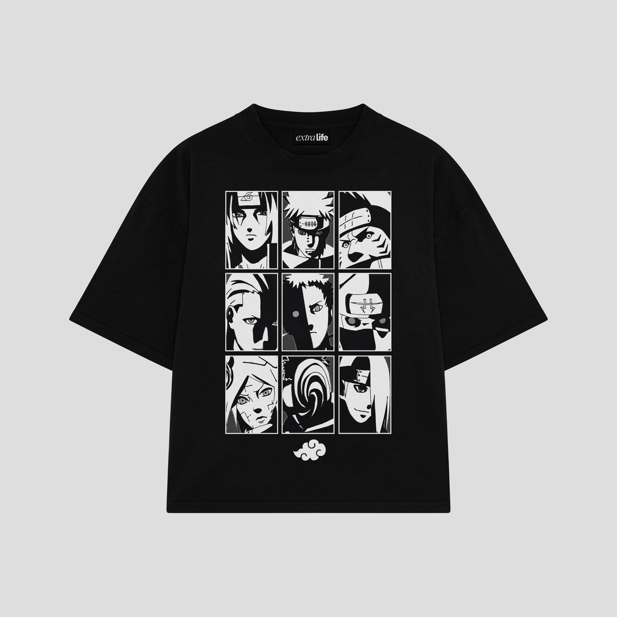 Playera streetwear premium de anime y gaming ExtraLife MX, corte oversized drop shoulder ligero y fresco en color Deep Black y Off-White, moda urbana mexicana de culto.
