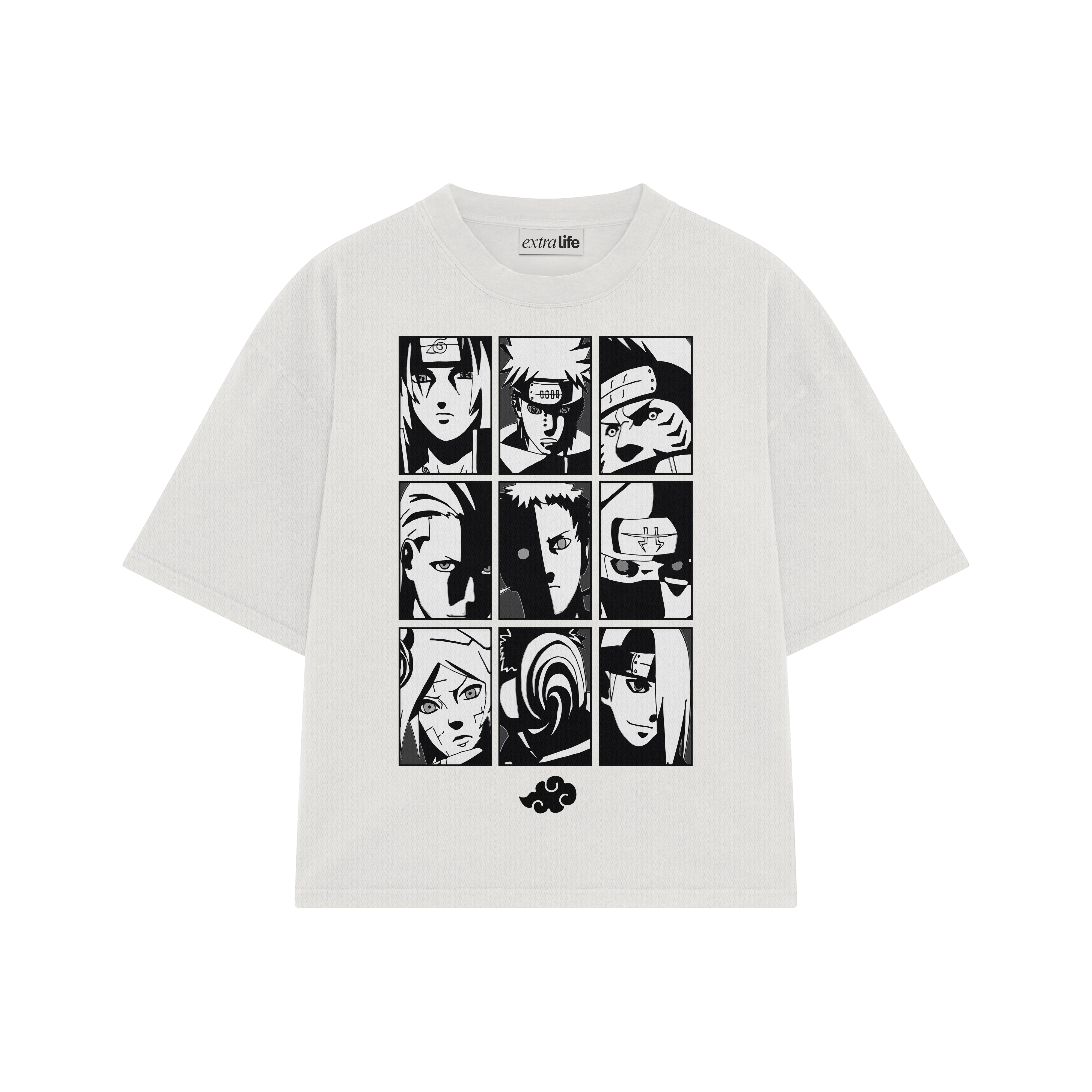 Playera streetwear premium de anime y gaming ExtraLife MX, corte boxy oversized drop shoulder heavyweight en color Deep Black y Off-White, moda urbana mexicana de culto.