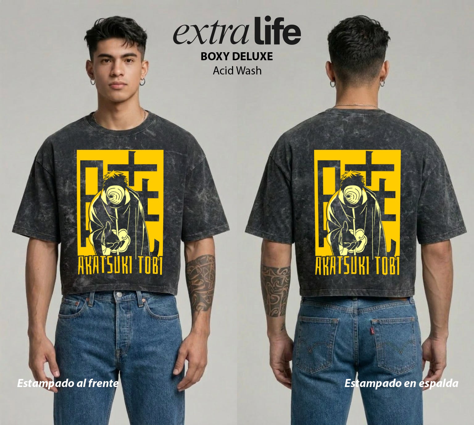 Playera streetwear premium de anime y gaming ExtraLife MX, corte boxy deluxe mineral wash heavyweight en color Acid Wash, moda urbana mexicana de culto.