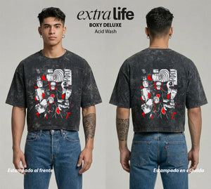 Playera streetwear premium de anime y gaming ExtraLife MX, corte boxy deluxe mineral wash heavyweight en color Acid Wash, moda urbana mexicana de culto.