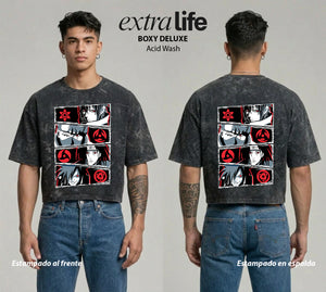 Playera streetwear premium de anime y gaming ExtraLife MX, corte boxy deluxe mineral wash heavyweight en color Acid Wash, moda urbana mexicana de culto.