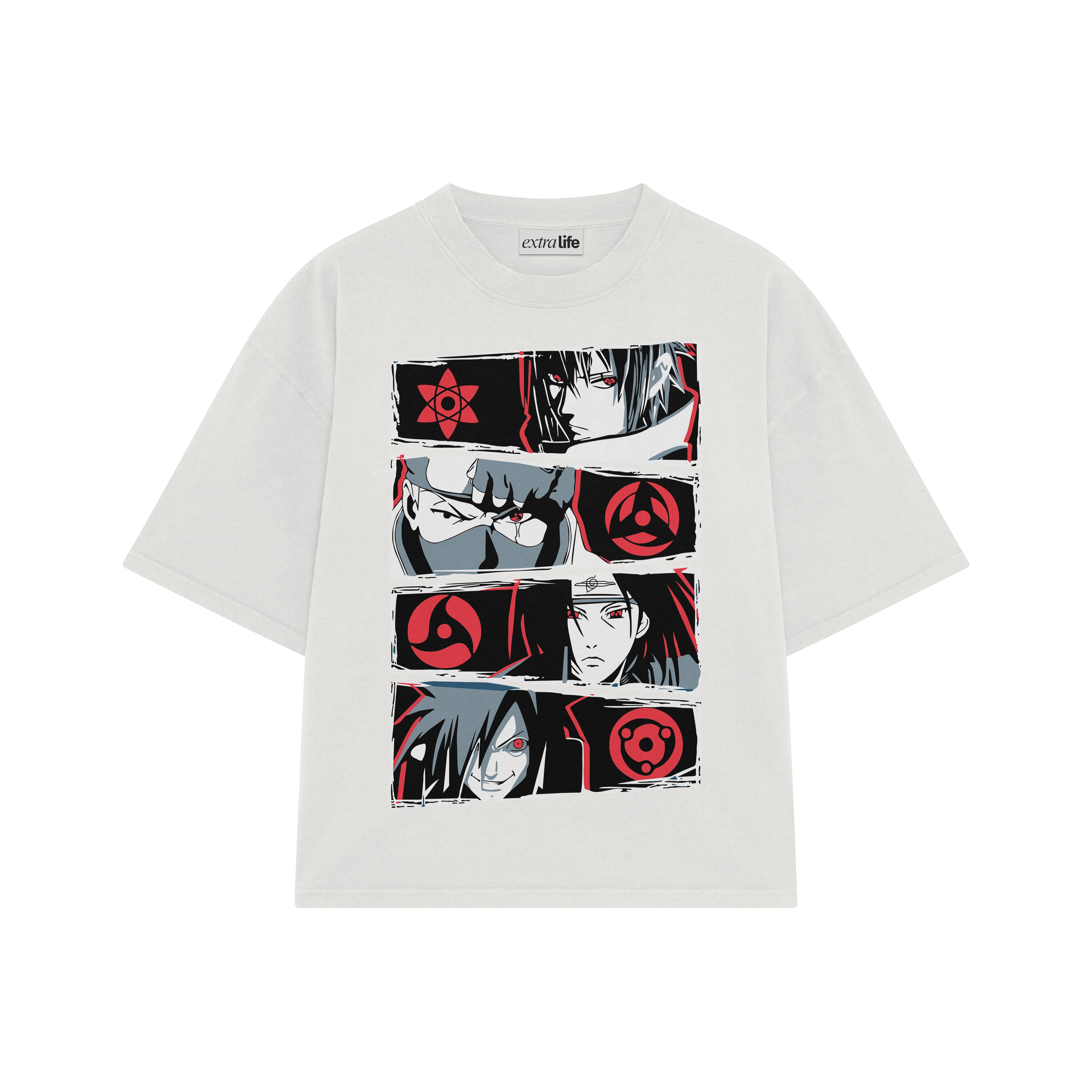 Playera streetwear premium de anime y gaming ExtraLife MX, corte boxy oversized drop shoulder heavyweight en color Deep Black y Off-White, moda urbana mexicana de culto.
