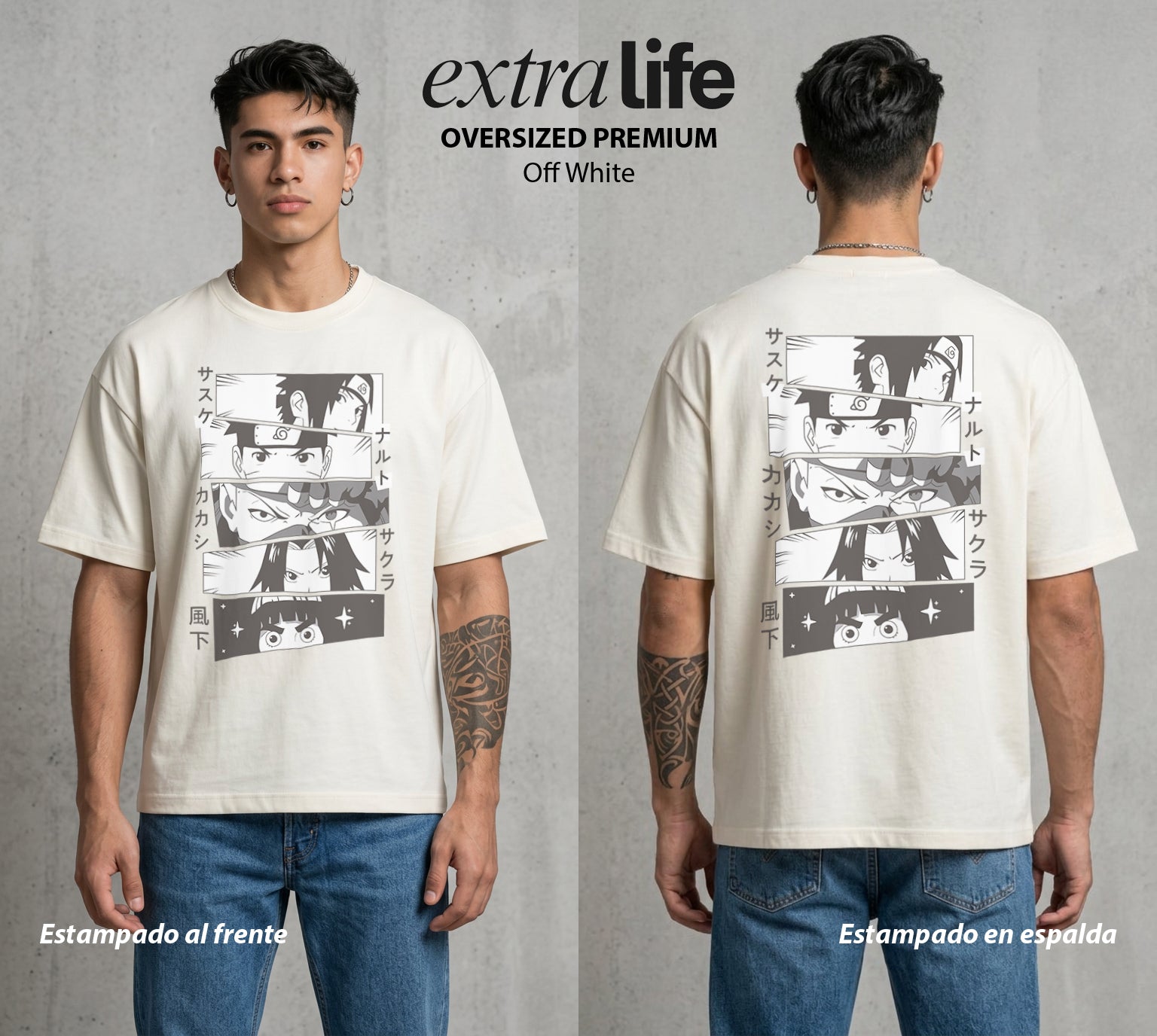 La Aldea Oculta | Zorro de Nueve Colas #02750 - Playera Oversized Premium | Off White - Foto en modelo